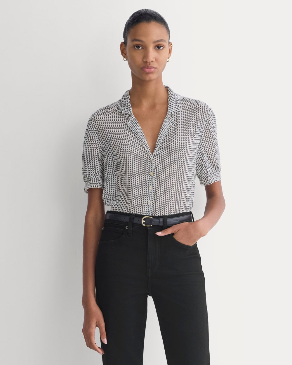 Notch Collar Shirt in Silk Georgette | Gardenia/Black Micro Dot - Image 5