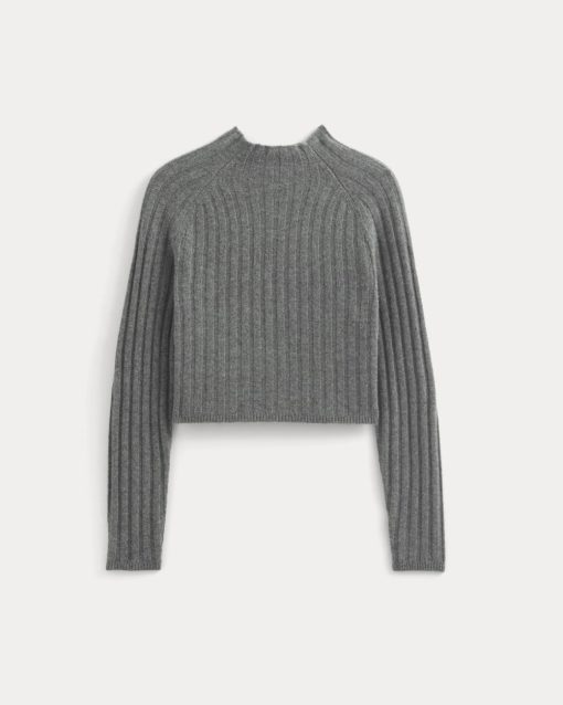 Alternative view of Funnel-Neck Cropped Sweater in Wool Cashmere | Heather Charcoal