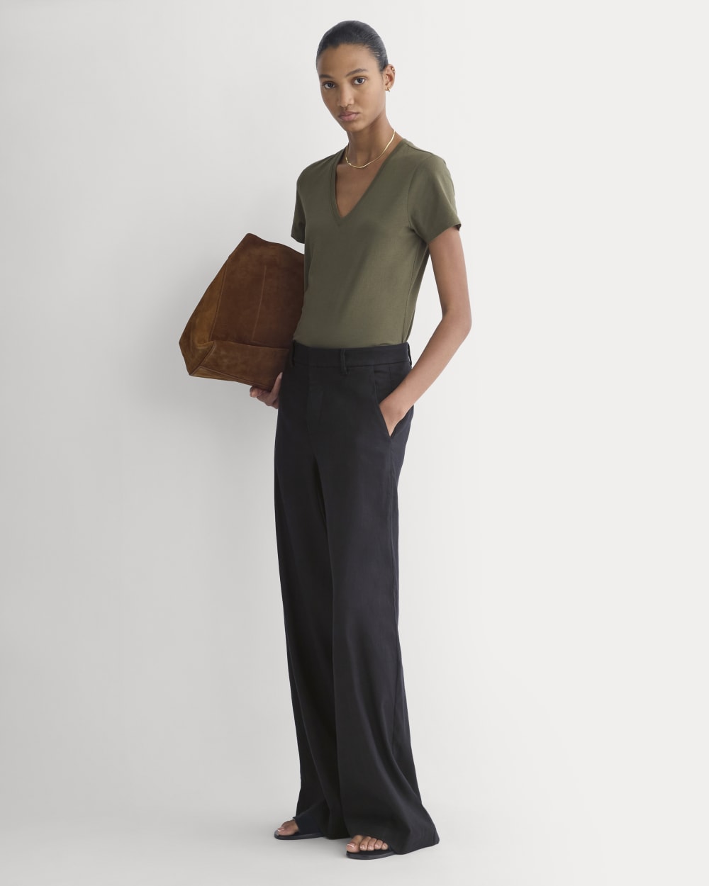 The Slim V-Neck Tee in Essential Cotton | Olive Night - Image 3