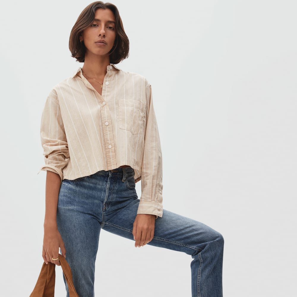 The Way-Short Shirt in Silky Cotton | Golden Brown / White - Image 2