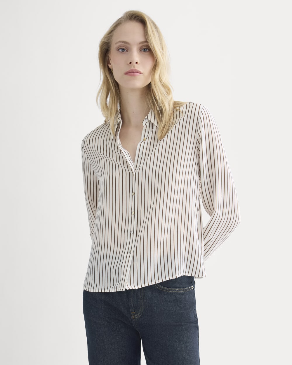 Shrunken Top in Washable Silk | Bone / Toffee Stripe - Image 3