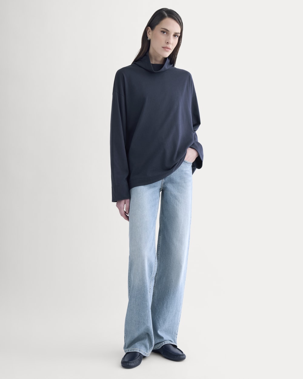Slouchy Turtleneck In Essential Cotton | Deep Navy - Image 3