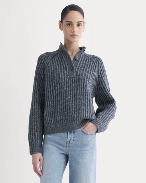 Funnel-Neck Ribbed Henley Sweater | Indigo