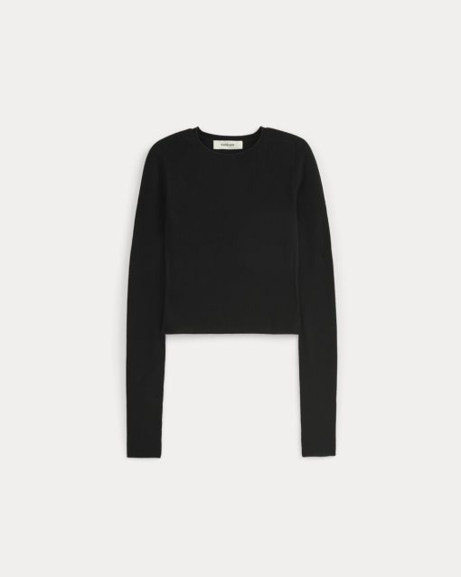 Alternative view of The Cropped Crew Top in Ultrafine Merino | Black
