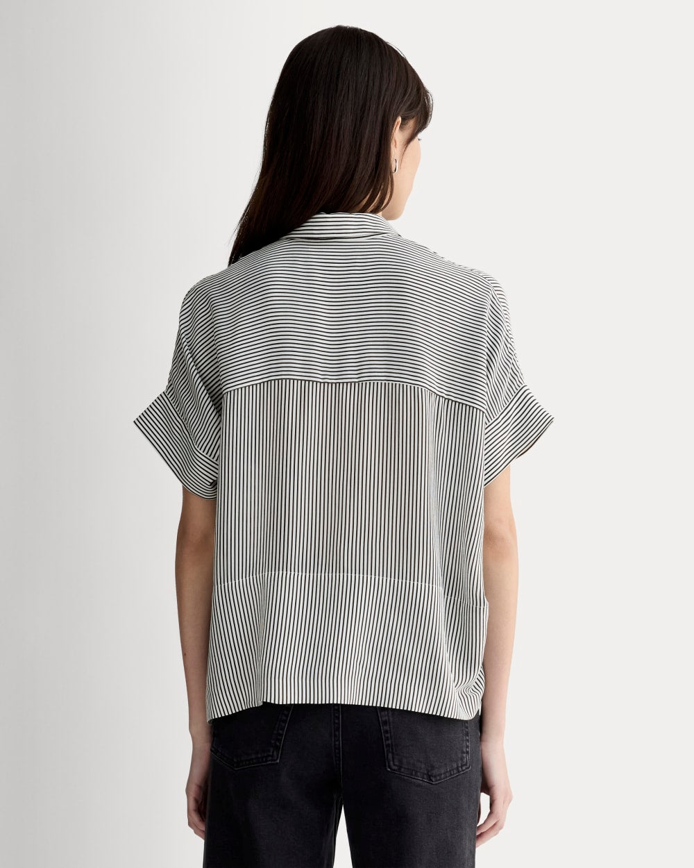 The Boxy Shirt in Washable Silk | Black Micro Stripe - Image 5