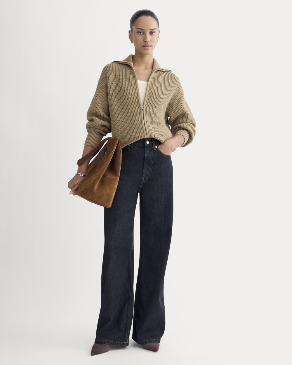 The Full-Zip Sweater in Everyday Cotton | Dark Heathered Camel - Image 3