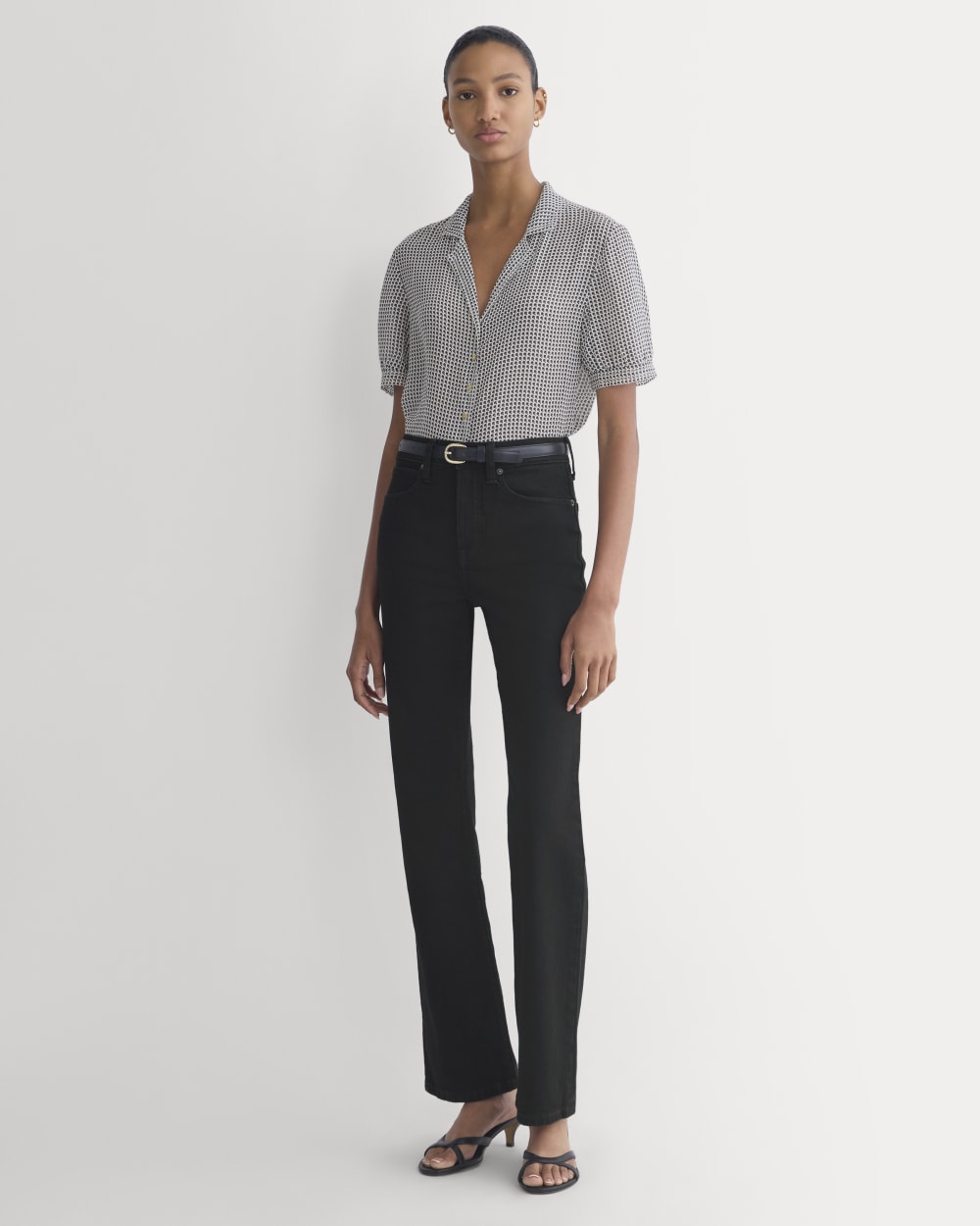 Notch Collar Shirt in Silk Georgette | Gardenia/Black Micro Dot - Image 3