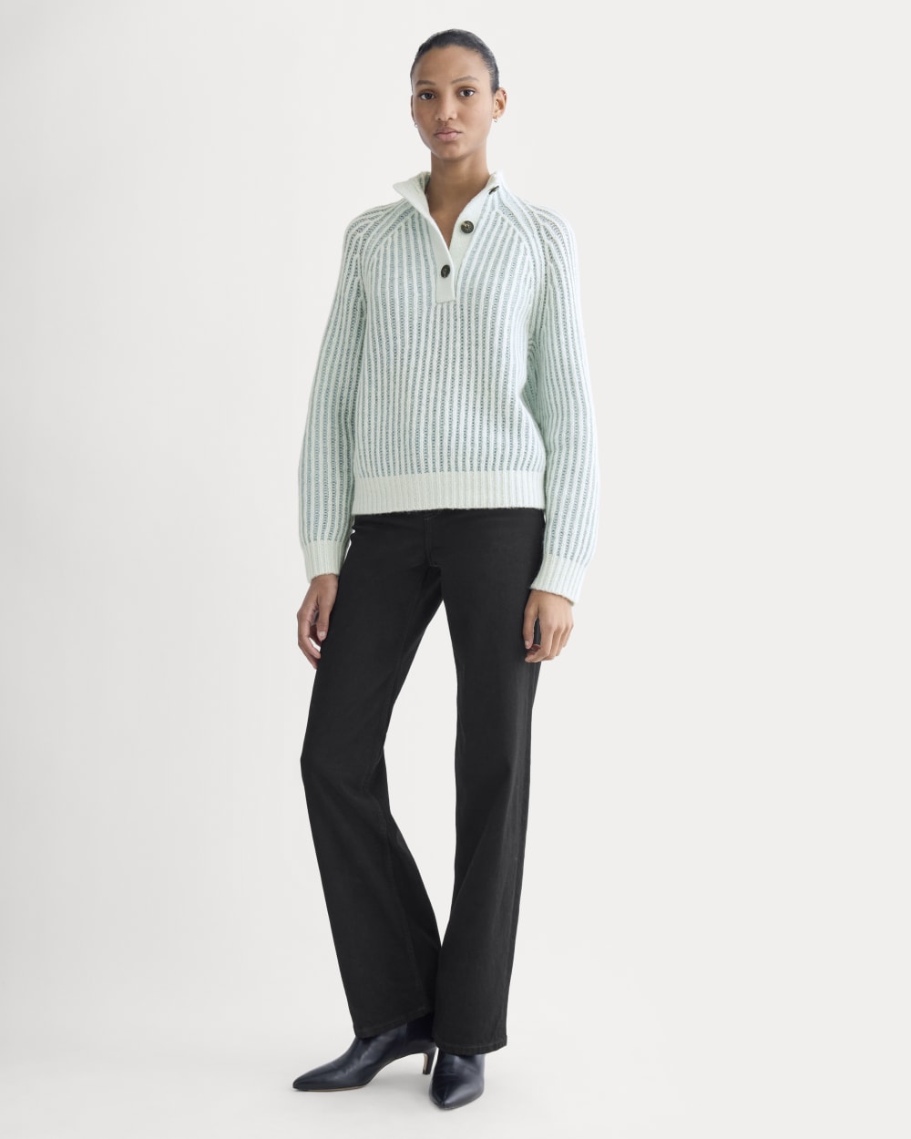 Funnel-Neck Ribbed Henley Sweater | Chalk Blue / Grey Mist Vertical Stripe - Image 6