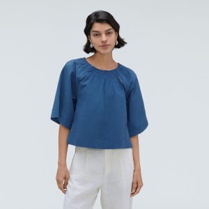 Alternative view of The Seersucker Gathered Tee | Deep Blue