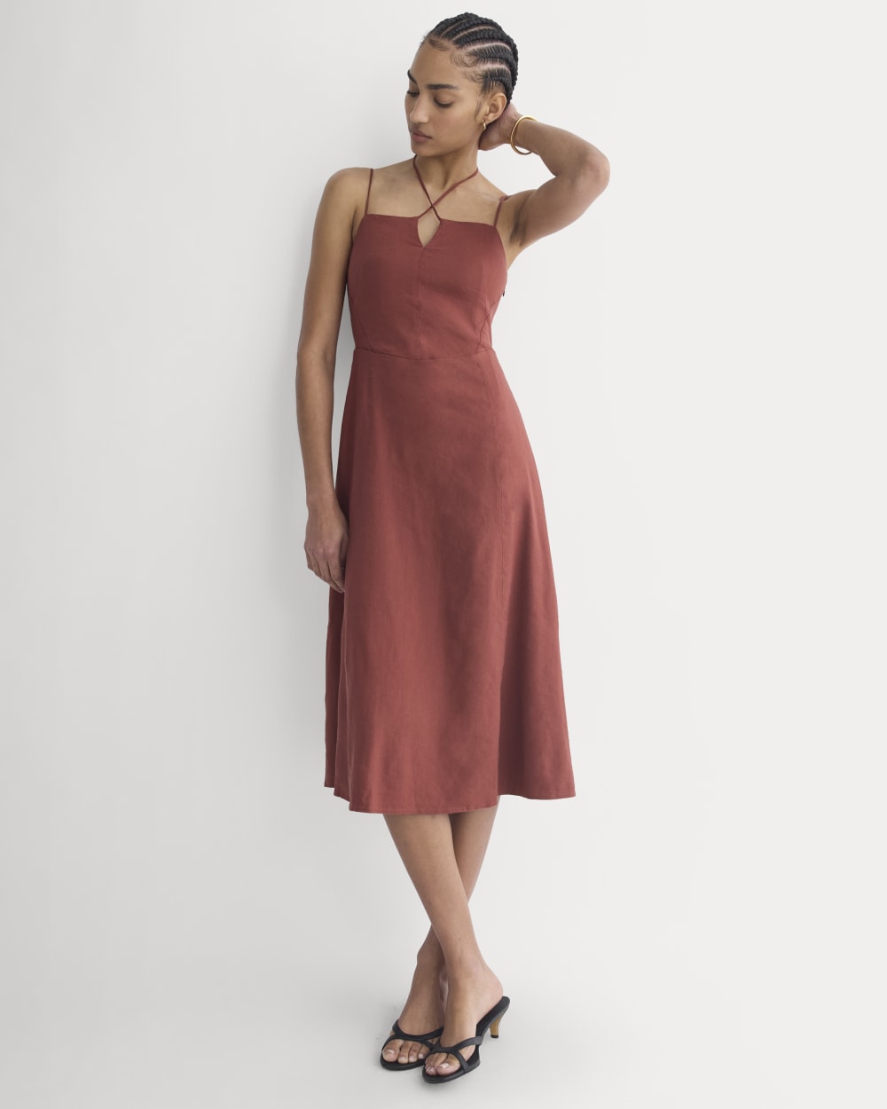 Tie-Neck Dress in Stretch Linen | Henna Red