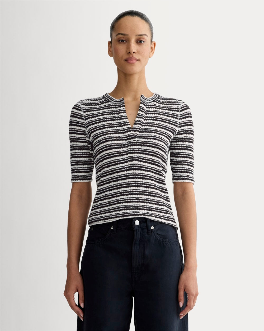 The Rib-Knit Short-Sleeve Henley | Bone / Black