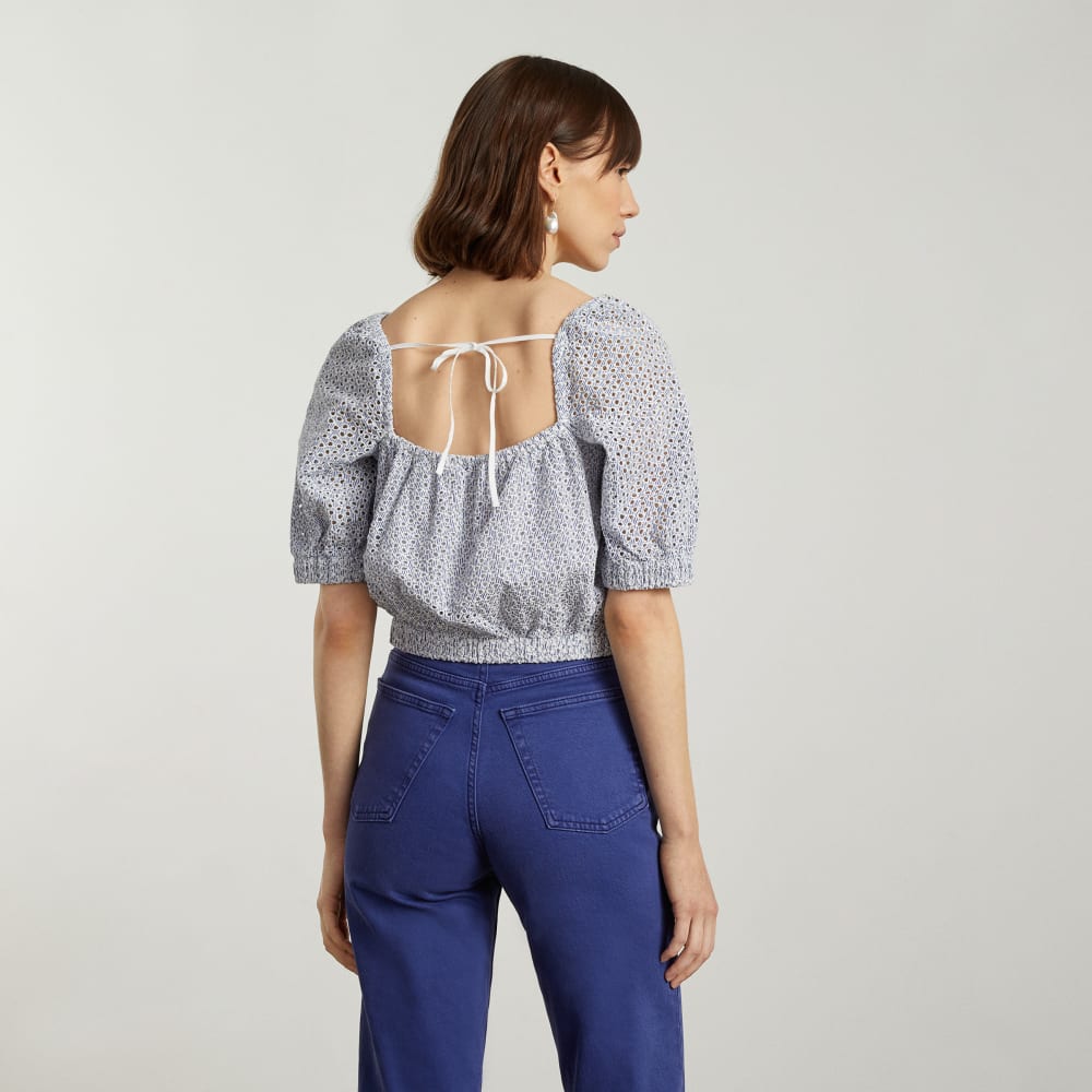 The Eyelet Puff Sleeve Top | Deep Blue / White - Image 5