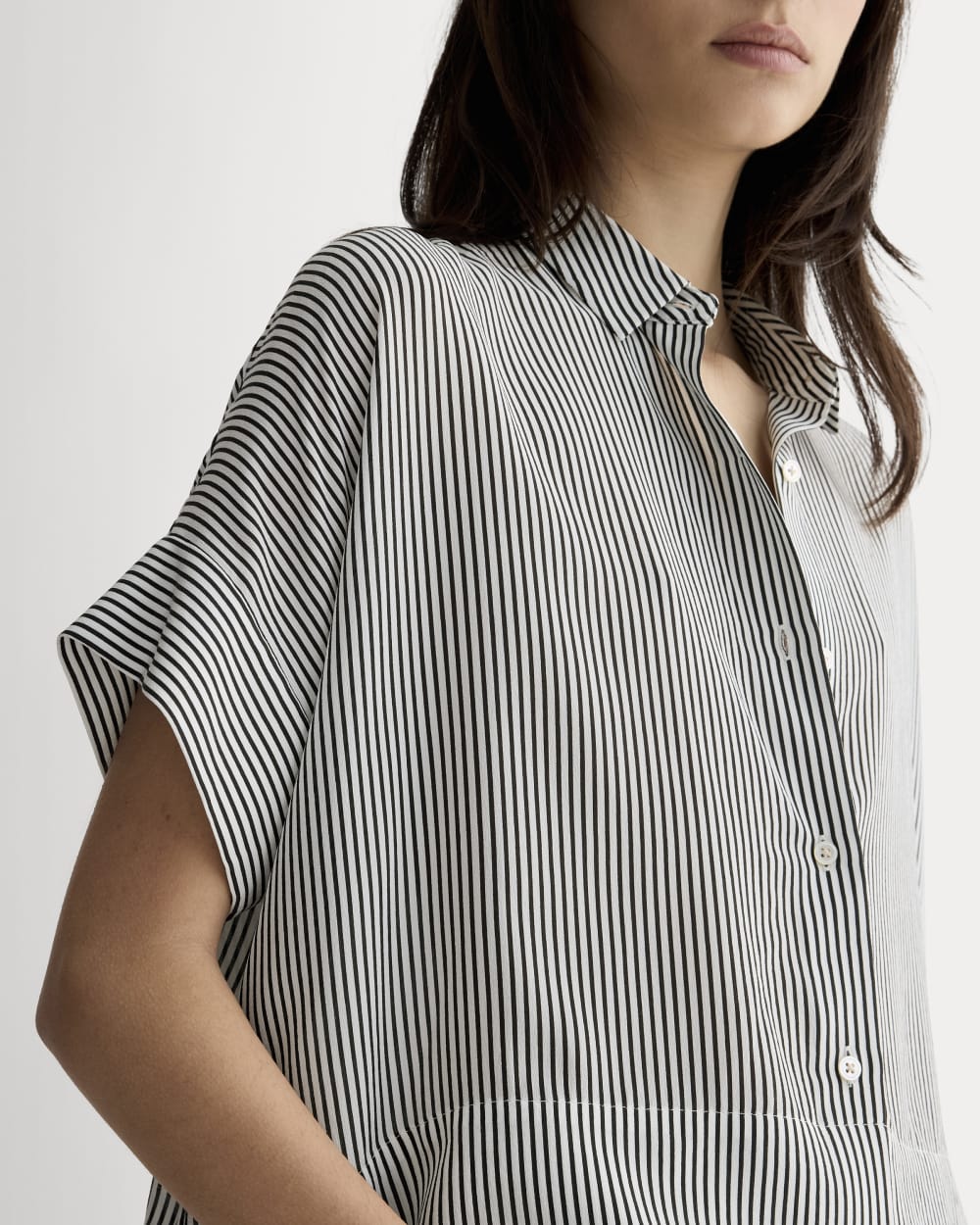 The Boxy Shirt in Washable Silk | Black Micro Stripe - Image 4