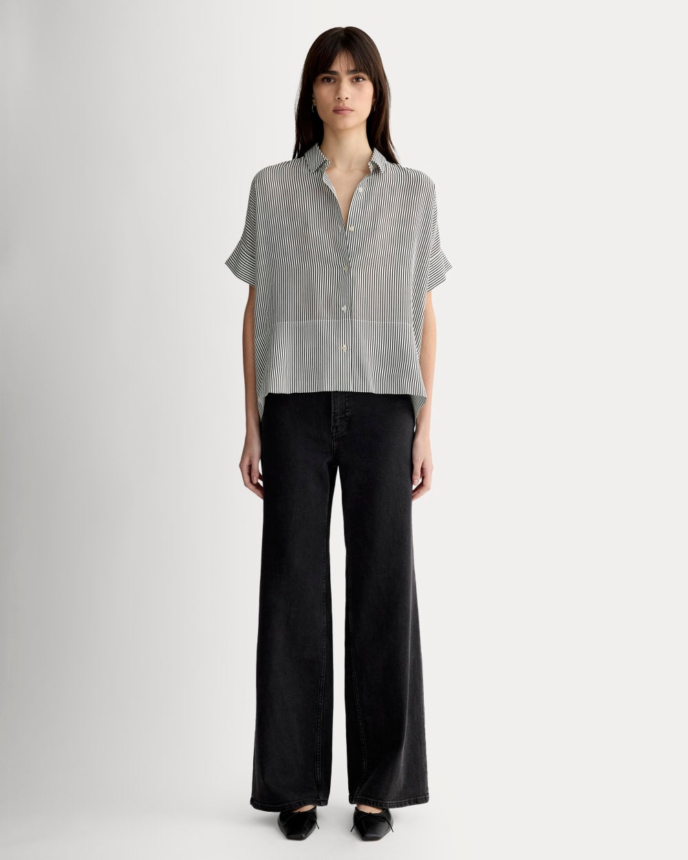 The Boxy Shirt in Washable Silk | Black Micro Stripe - Image 3