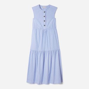The Tiered Midi Dress | White / Blue Mini Stripe