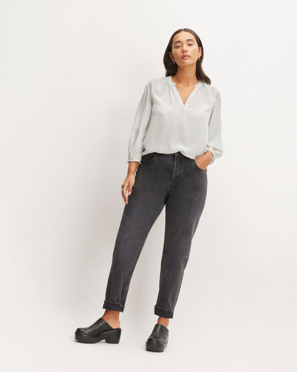 The Washable Clean Silk V-Neck Top | Bone / Black Polka Dot - Image 3