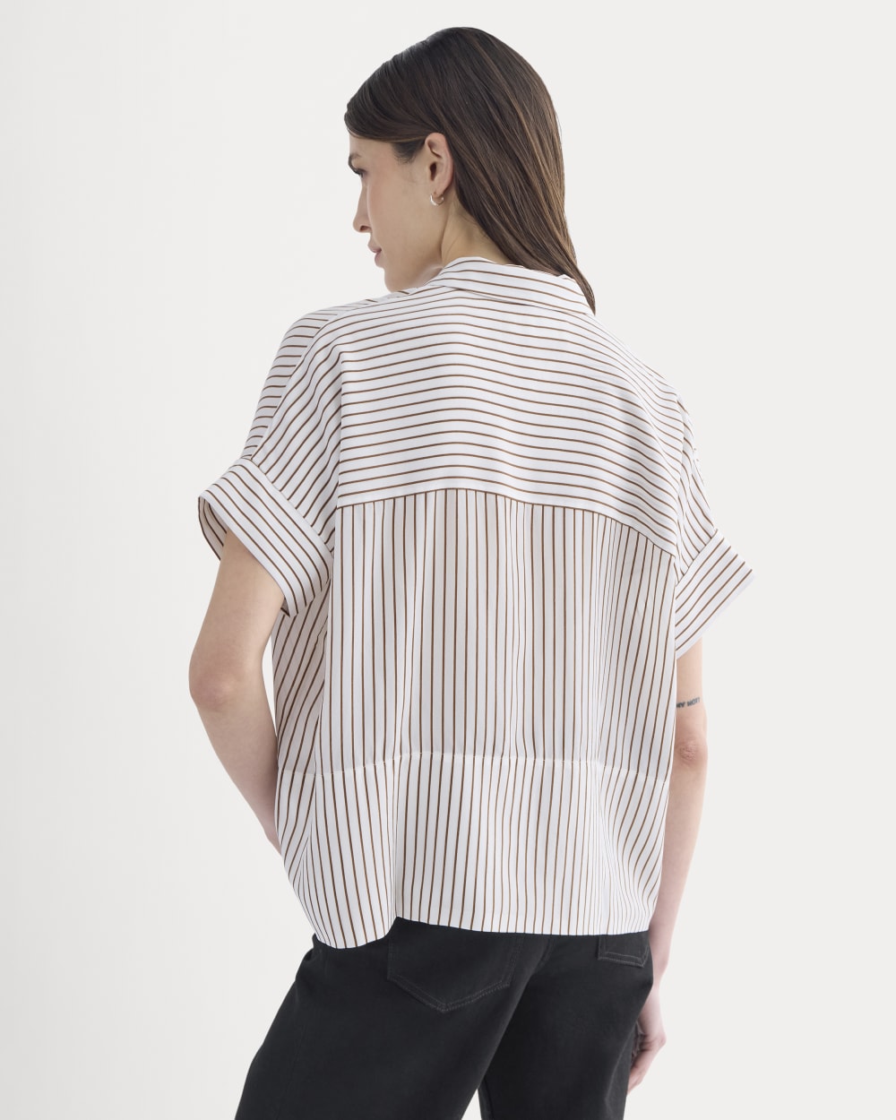 The Boxy Shirt in Washable Silk | Bone / Toffee Stripe - Image 5
