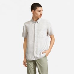 Alternative view of The Classic Short-Sleeve Shirt in Linen | Stone / White Stripe